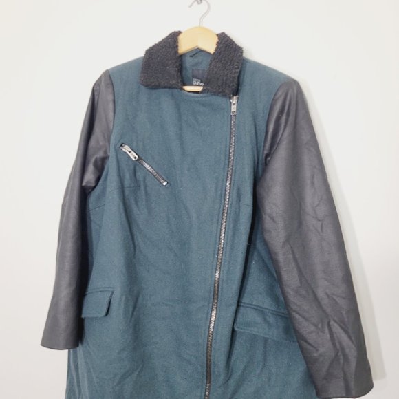 Asos Curve Faux Leather Zip Moto Jacket Wool Blend Coat Black Teal Plus Size 16 - Picture 6 of 13